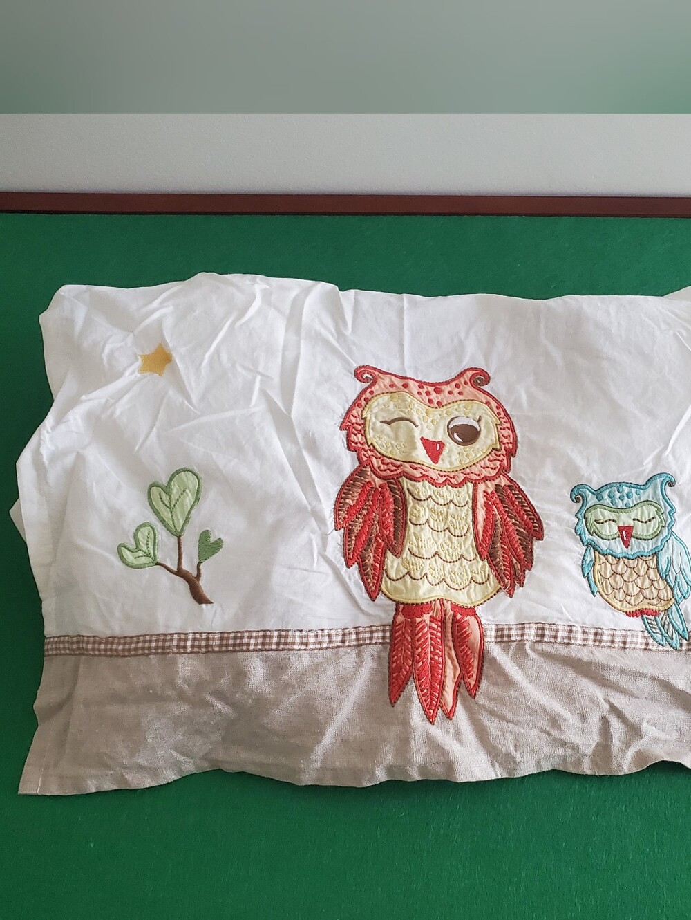 Cotton Baby"Bumper-less" Crib Skirt Owls Applique Linen Border Nursery Bedding